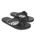 Black flip-flops with rip logo on a white background