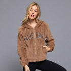 Long Sleeve California Embroidery Faux Fur Hoodie - Camel