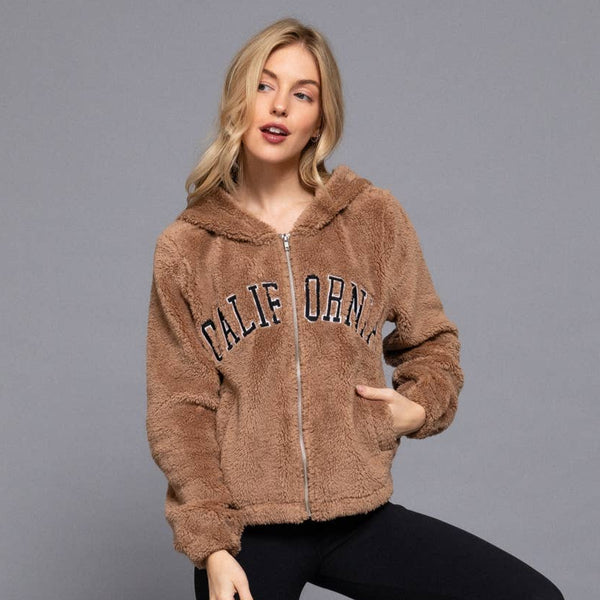 Long Sleeve California Embroidery Faux Fur Hoodie - Camel