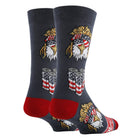 Two socks with an eagle and can design on a gray background