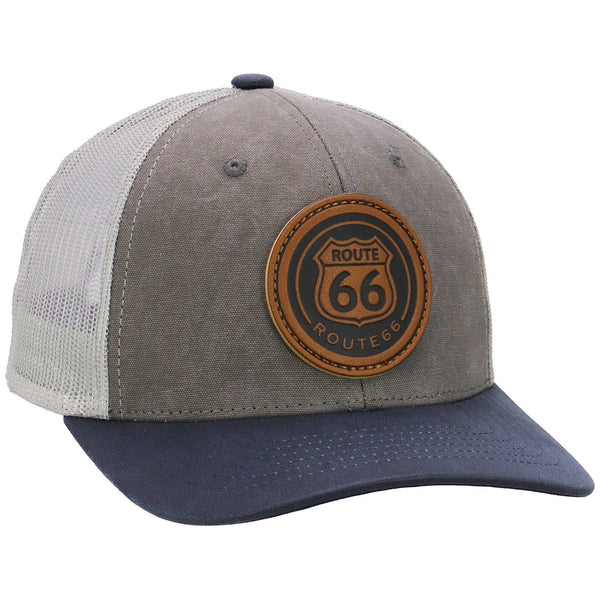 Route 66 Canvas Vegan Oiled Leather Trucker Hat - Charcoal/Navy/Gray Front