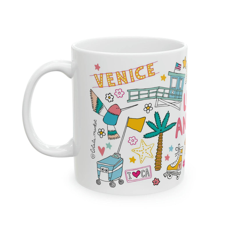 White mug with colorful 'Venice' themed illustrations on a white background