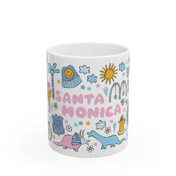 White mug with colorful 'Santa Monica' design on a white background