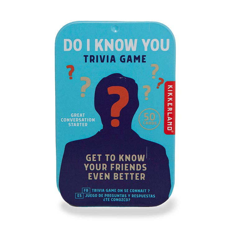 Trivia game packaging with blue background and text