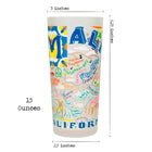 Tumbler with colorful text and graphics, dimensions labeled