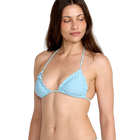 Woman wearing a light blue bikini top on a white background