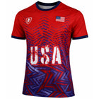 Red sports jersey with blue and white patterns, featuring 'USA' text and an American flag on a white background.