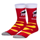 Red socks with yellow stripes and a logo on a white background