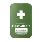 Green first aid kit with white cross and text on a white background