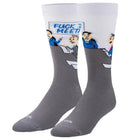 Gray and white socks with cartoon characters and text on a white background