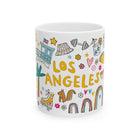 White mug with colorful 'Los Angeles' design on a white background