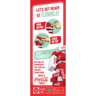 A promotional poster or instruction graphic for a Coca-Cola-themed wooden tower game. The design features a red and white layout with text reading 'LET'S GET READY TO TUMBLE!' and 'DON'T FUMBLE!', plus illustrated hands demonstrating how to push or pull and stack the wooden blocks.