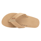 A single tan leather flip-flop sandal by Rainbow, shown from a top-down view on a solid white background.