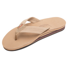A single tan flip-flop sandal with a contoured footbed and a small colorful logo detail on the strap, shown against a plain white background.