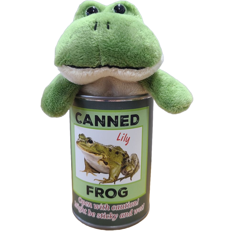 Plush frog toy on a can labeled 'Canned Frog' with a green label.