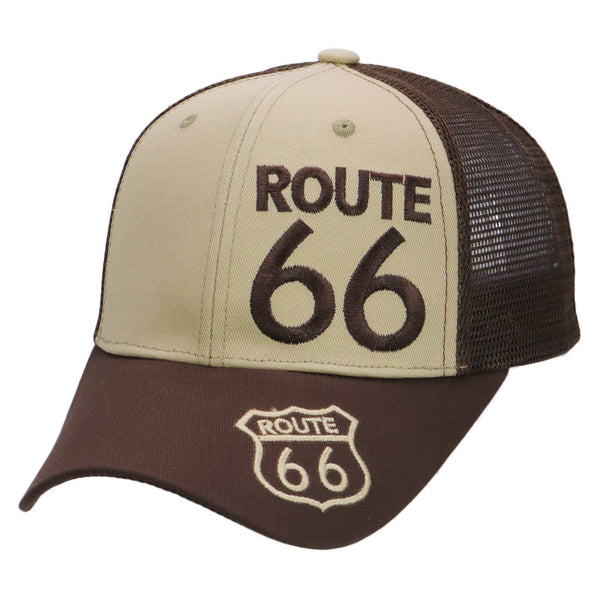 Khaki and brown cap with Route 66 branding on a white background