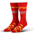Red socks with yellow and white patterns and 'CHEEZ IT' branding on a white background