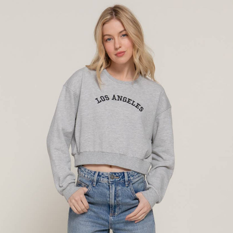 Active Basic Long Dolman Sleeve Crew Neck Embroidery Crop Sweatshirt - Grey Front