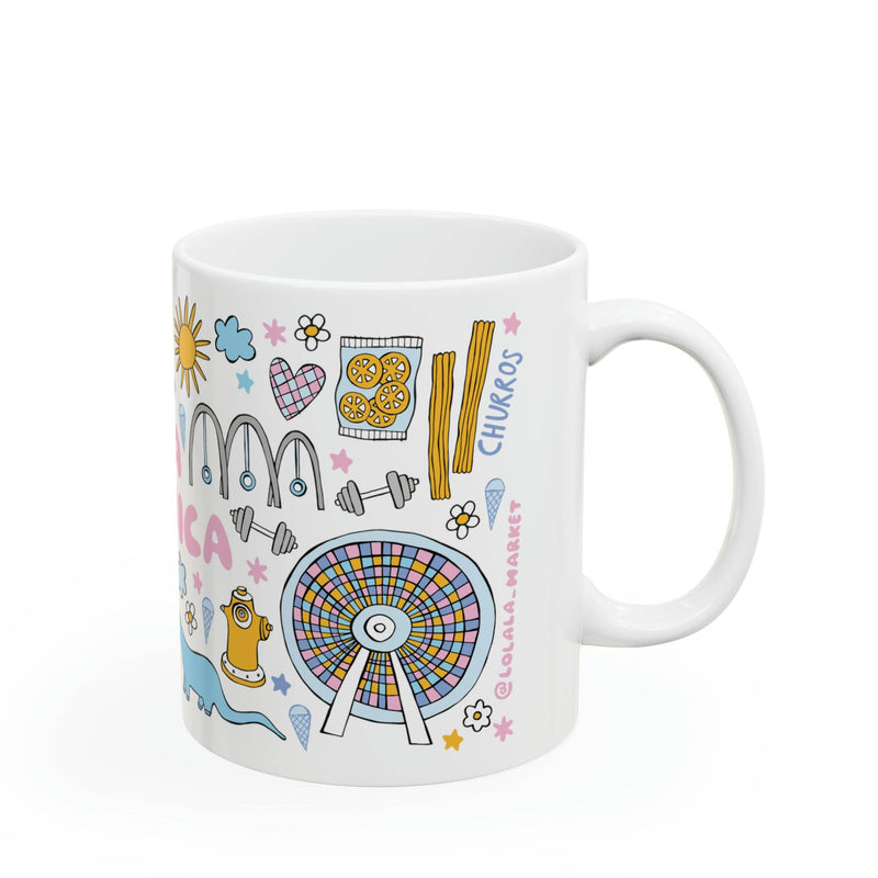 White mug with colorful illustrations on a white background