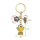 Keychain with soccer-themed charms and measurements on a white background