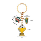 Keychain with soccer-themed charms and measurements on a white background