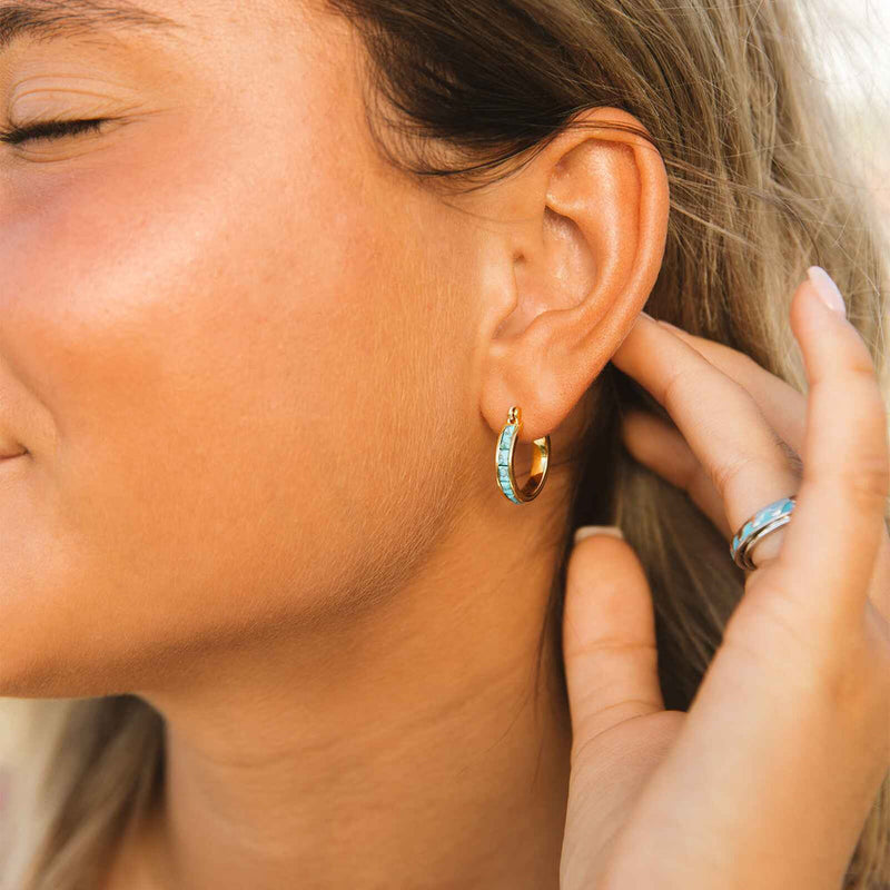 Model wearing Pura Vida Turquoise Tile Hoop Earrings - Gold