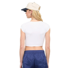 model wearing USA Bow Graphic Ivory Short Sleeve Knit Crop Top (Back View)