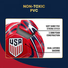 Red soccer ball with USA logo and technical specifications on a blue background