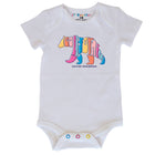 A white short-sleeve baby bodysuit featuring a colorful 'California' bear graphic in the center with 'Santa Barbara' text below, from the brand JP Doodles.