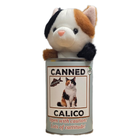 Plush toy cat inside a can labeled 'Canned Calico' on a white background