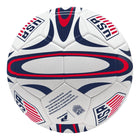 White soccer ball with red and blue USA branding on a white background