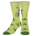 Green socks with marijuana leaf patterns and text on a white background