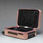 Pink suitcase with open lid on a gray background