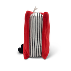 Red plush toy with a striped interior on a white background