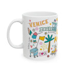 White mug with colorful 'Venice' themed illustrations on a white background