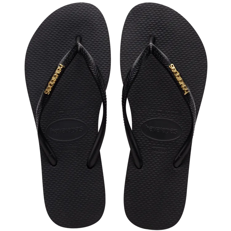 Black Havaianas Flip Flops with Golden Slim Metallic Logo