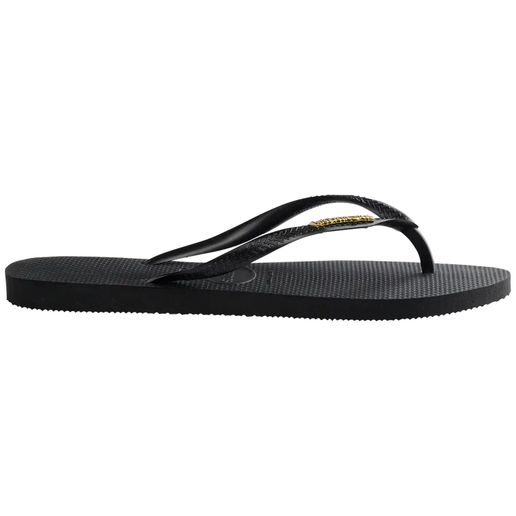 Black Havaianas Flip Flops with Golden Slim Metallic Logo Side view