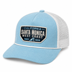 A light blue and white trucker hat with a front patch reading 'CALIFORNIA SANTA MONICA WEST COAST SINCE 1909'.