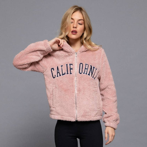 Long Sleeve California Embroidery Hooded Faux Fur Jacket - Dusty Pink (Front)