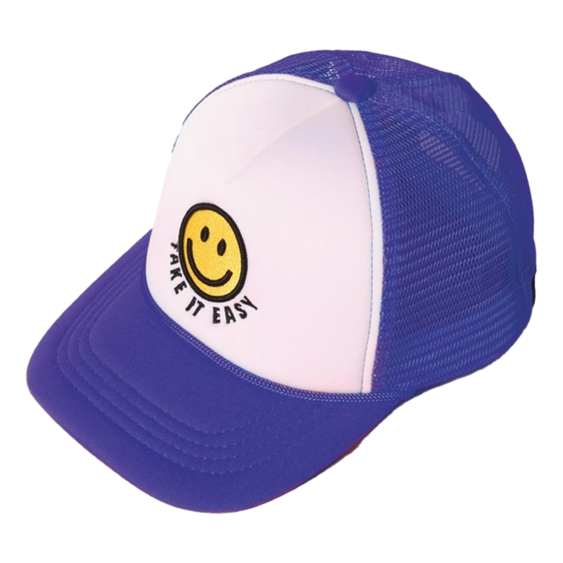 Fashion City Take It Easy Happy Face Patched Trucker Hat - Royal