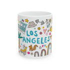 White mug with colorful 'Los Angeles' design on a white background