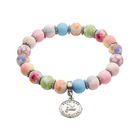 A beaded stretch bracelet featuring pastel pink, light blue, and green marbled beads with floral accents, separated by silver spacer beads, and finished with a silver oval charm engraved with Arabic calligraphy.