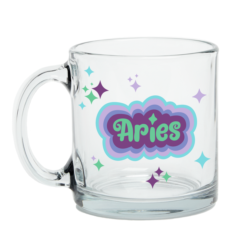 Clear Glass Mug with Text Aries