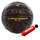 Black soccer ball with U.S. Soccer Federation text and a red pump on a white background