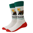 Two socks with California design featuring a bear and state outline on a white background.