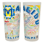 Two colorful Malibu-themed drinking glasses with illustrations and text.
