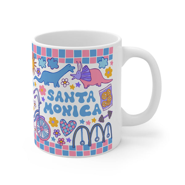 Mug with colorful graphics and 'Santa Monica' text on a white background