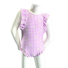 Pink gingham swimsuit with ruffles on a mannequin against a white background