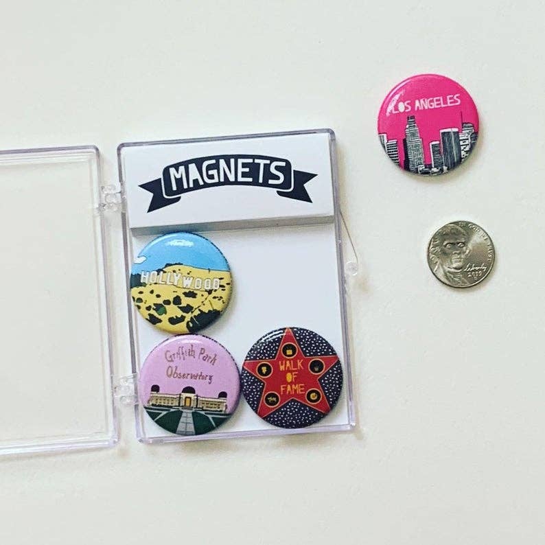 Los Angeles California/Hollywood Magnet Set Souvenir beside a coin