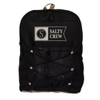 A black backpack with a front patch reading 'SALTY CREW' and a lace-up front pocket, photographed against a light gray background.